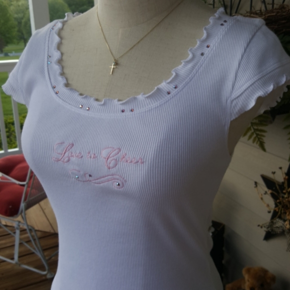 KAVIO ♡ White Embroidered Pink "Love to Cheer" Ruffled Embellished Bling Top XL - Picture 12 of 17